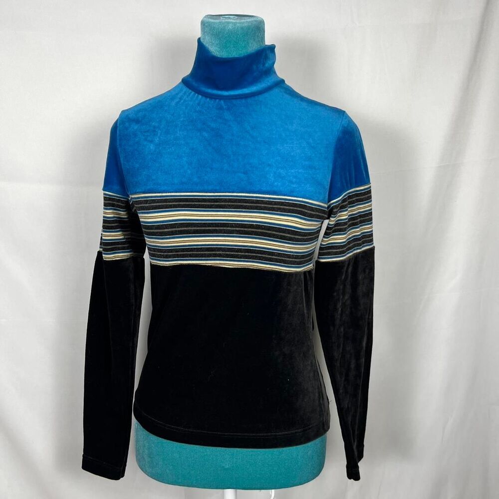 Vintage Energie Womens‎ Blue Black Velour Turtleneck Y2K Streetwear Retro Top